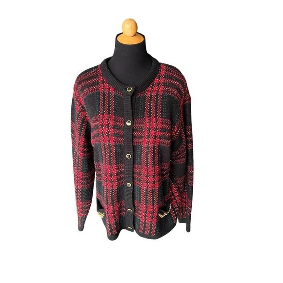 VINTAGE Laura Scott Plaid And Gold Homiday Festive Sweater Faux Pockets Size L - Picture 3 of 8